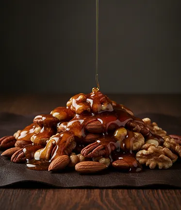 Assorted nuts including walnuts, almonds, and pecans drizzled with honey over a dark textured cloth on a wooden surface.
