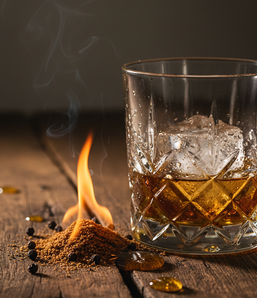 Glass of whiskey with ice on a wooden surface beside a flame burning spices and peppercorns.