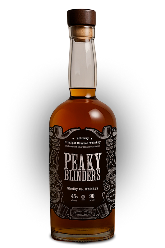 Bottle of Peaky Blinders Kentucky Straight Bourbon Whiskey with a dark label and wooden cork.