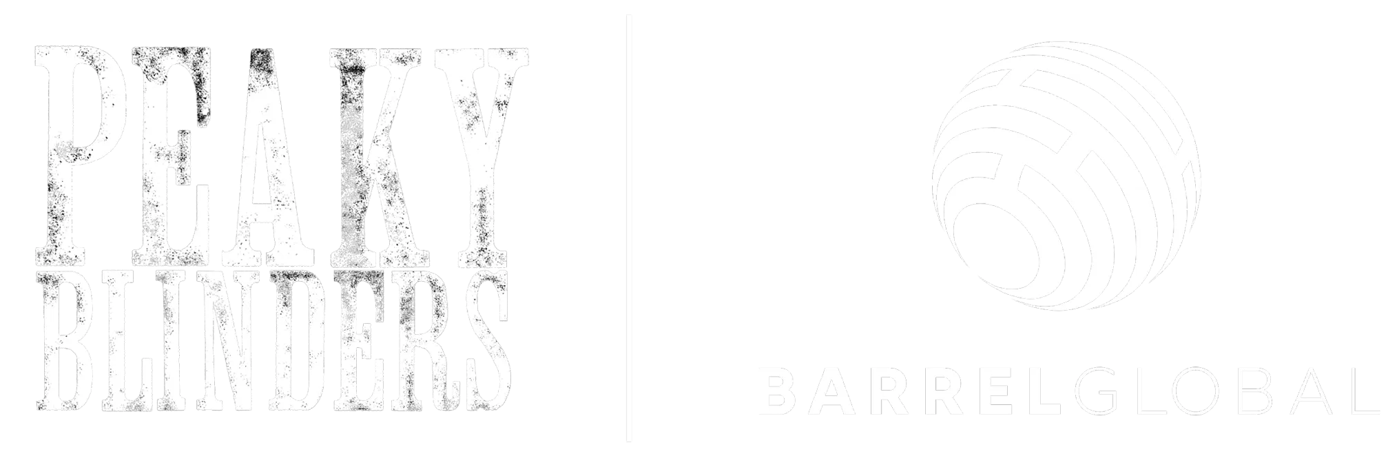 Peaky Blinders logo in distressed white text next to the Barrel Global logo with a stylized globe icon on a black background.