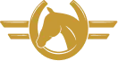 Stylized gold dog head silhouette with wings extending from a circular emblem.