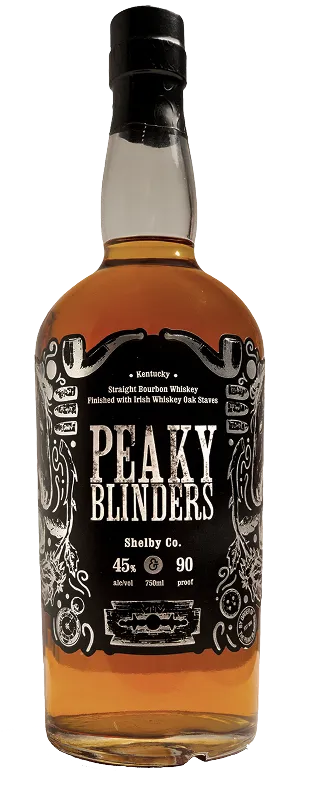Bottle of Peaky Blinders Kentucky Straight Bourbon Whiskey with decorative black and white label.