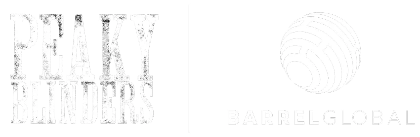 White text logo of Peaky Blinders beside a vertical line and the white Barrel Global logo with a stylized globe on black background.