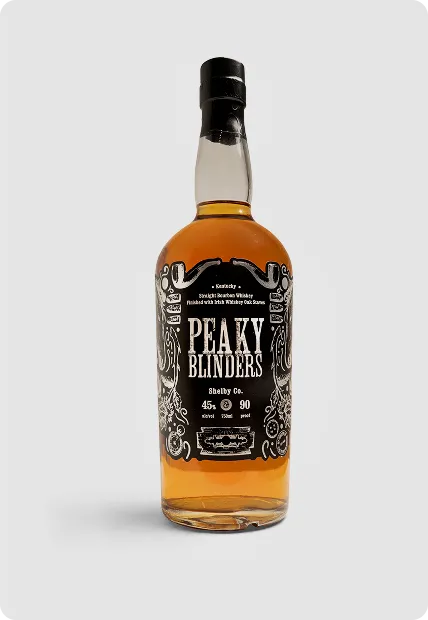 Bottle of Peaky Blinders Kentucky Straight Bourbon Whiskey with decorative black label.