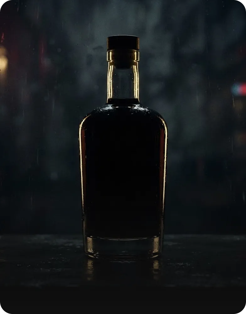 Dark bottle with liquid inside standing on a wet surface with dim, blurry background.