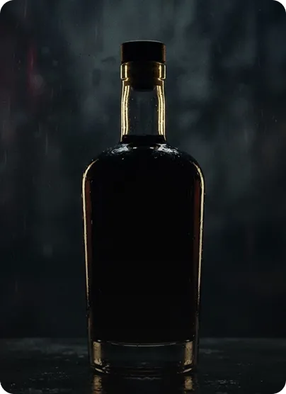 Dark glass bottle with a cork stopper illuminated from behind against a dark background.