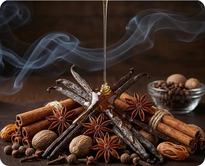 Various spices including cinnamon sticks tied with twine, star anise, vanilla pods, nutmegs, cloves, and mace arranged on a wooden surface with honey being drizzled over the vanilla pods, and smoke curling in the background.