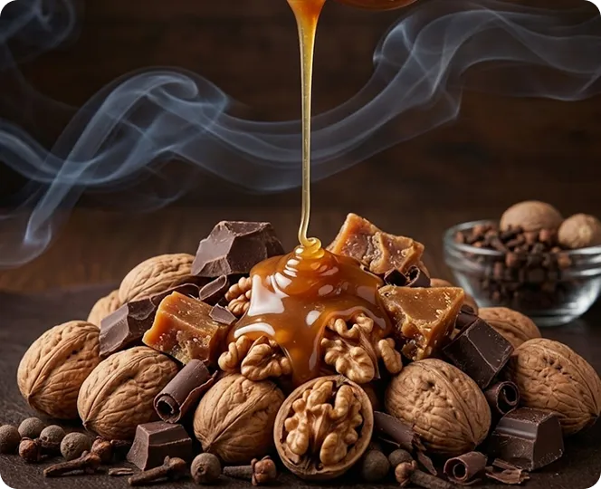 Caramel sauce being poured over a pile of whole walnuts, walnut halves, chunks of toffee, pieces of dark chocolate, and chocolate curls on a dark wooden surface with wisps of smoke in the background.