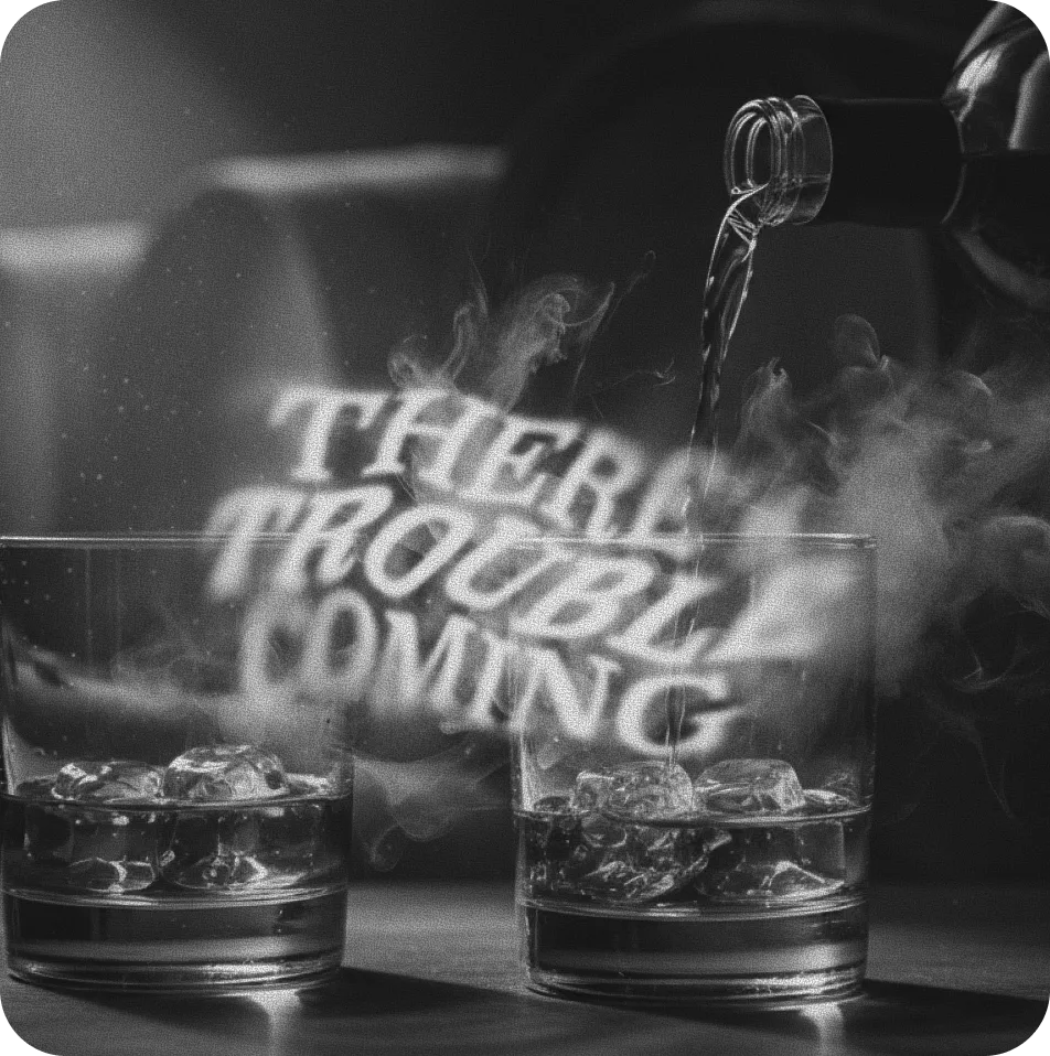 Black and white image of two glasses with ice cubes on a table; a bottle is pouring liquid into one glass, creating steam around the text 'THERE TROUBLE COMING' in a smoky style between the glasses.