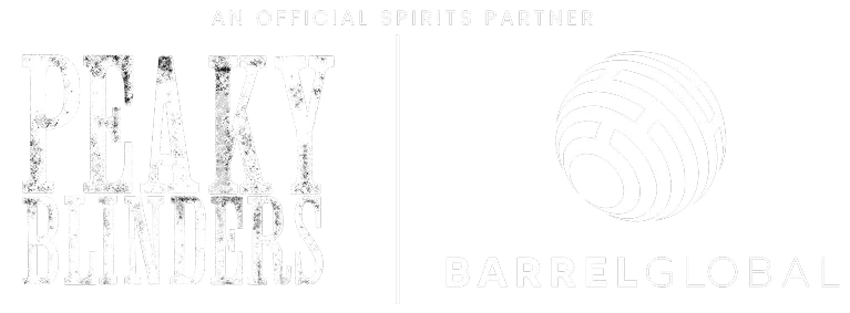 Text 'AN OFFICIAL SPIRITS PARTNER' above the Peaky Blinders logo on the left and the Barrel Global logo, featuring a stylized globe, on the right against a black background.