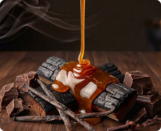 Honey being poured over pieces of dark charcoal surrounded by broken chocolate chunks and vanilla pods on a wooden surface with smoke in the background.