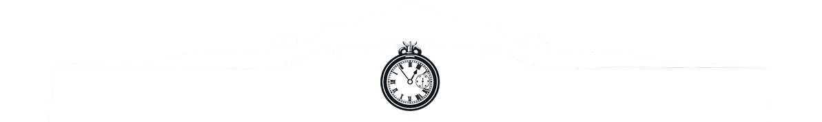 A black and white illustration of a classic pocket watch hanging at the center beneath a stylized, symmetrical, abstract wing-like shape.