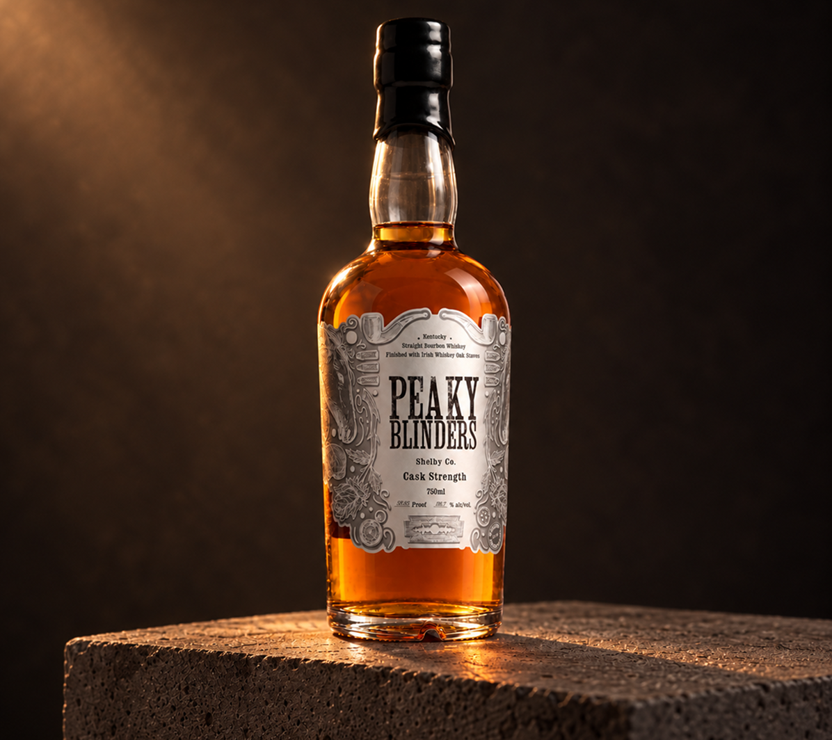 Bottle of Peaky Blinders Kentucky Straight Bourbon Whiskey with a detailed silver label, sitting on a textured brown surface under warm light with a dark background.