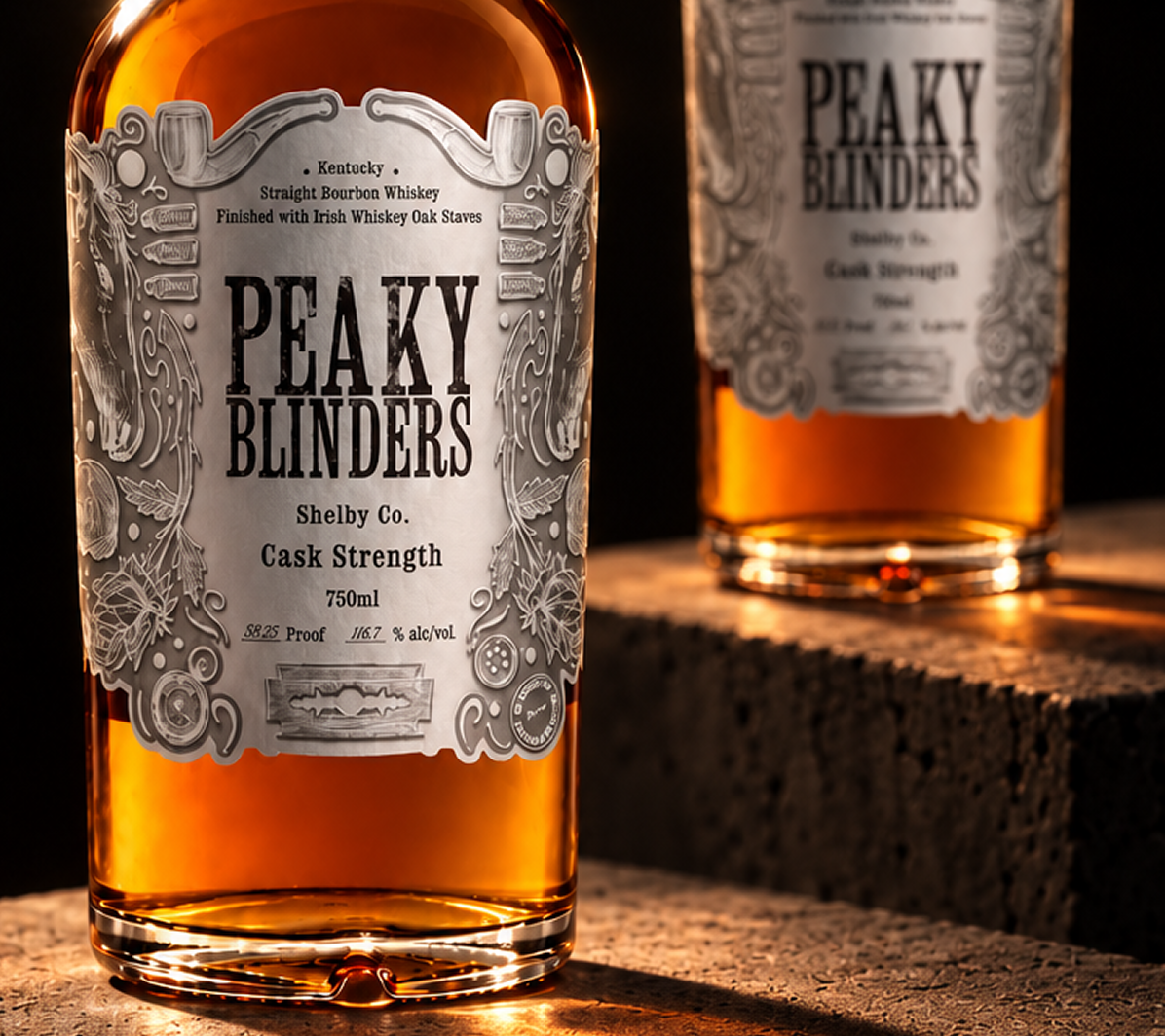 Two bottles of Peaky Blinders Kentucky straight bourbon whiskey on a textured stone surface, with a close-up focus on the front bottle's detailed label mentioning Irish whiskey oak staves, Shelby Co., cask strength, 750ml, 116.7% alc/vol.