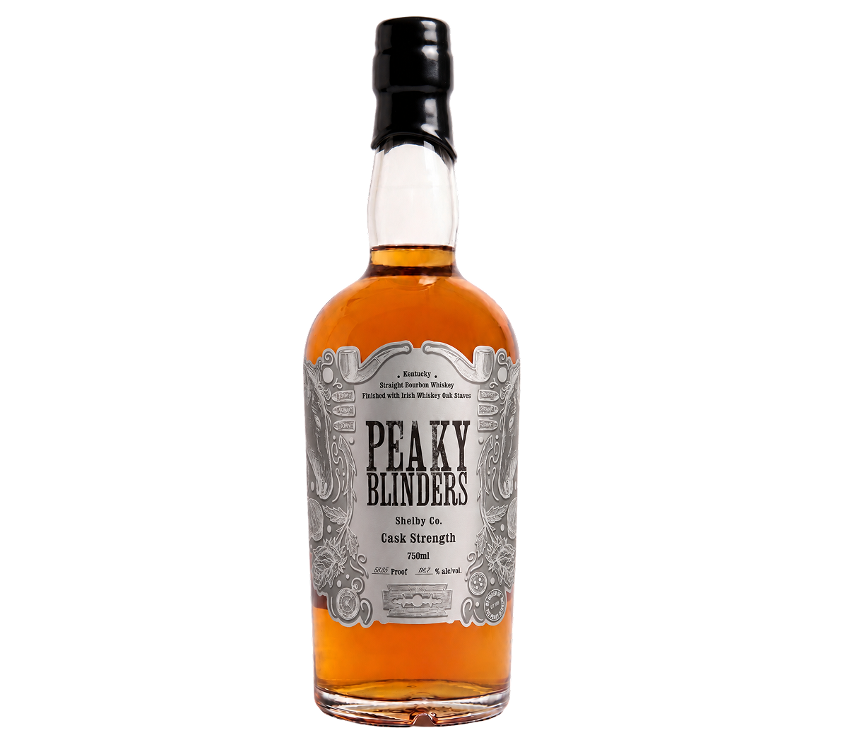 A bottle of Peaky Blinders Shelby Co. Cask Strength Kentucky straight bourbon whiskey with silver decorative label and black cap.