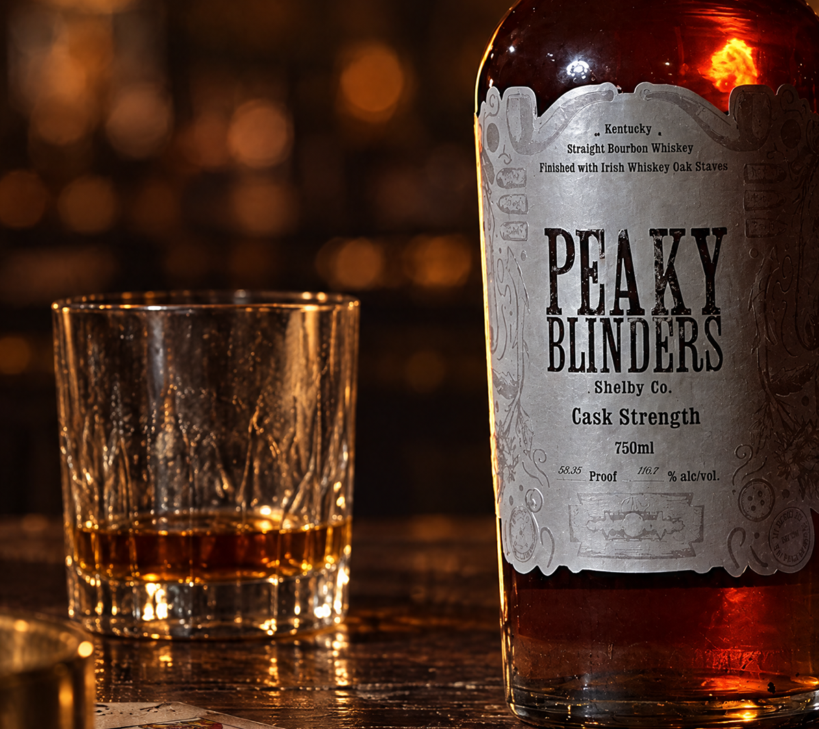 A glass with a small amount of amber bourbon on a wooden surface next to a bottle labeled Peaky Blinders Shelby Co. Cask Strength Kentucky Straight Bourbon Whiskey, 750ml, 116.7 proof.