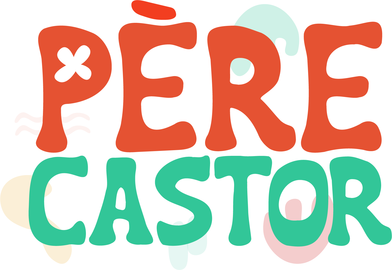 Colorful logo with the words 'Père Castor' in playful, bold letters with decorative abstract shapes.
