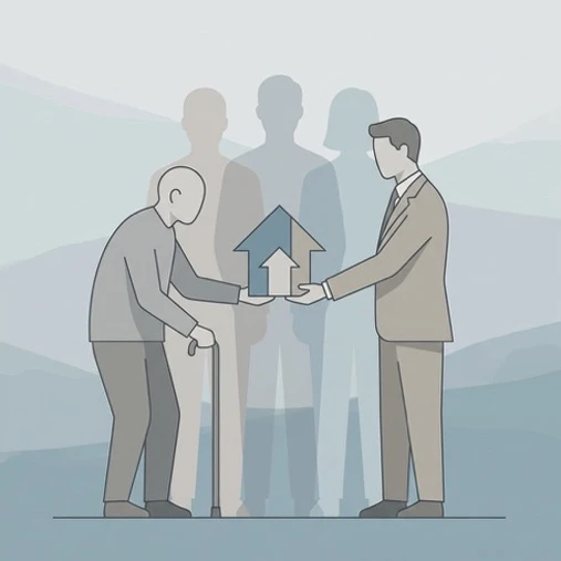 Illustration showing an older person handing a house to a younger person, representing the transfer of assets and inheritance planning.