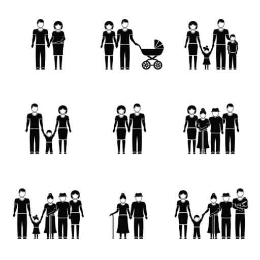 Illustration showing different family arrangements and life stages, including couples, parents with children, and multi-generational families, representing changes in family circumstances over time.