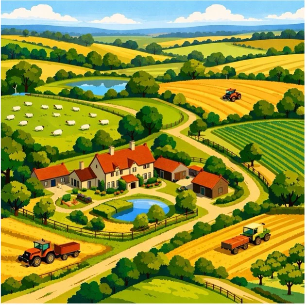 Illustrated rural estate showing a farmhouse with surrounding fields, grazing sheep, crop land, farm tracks and agricultural vehicles, representing mixed-use farmland and residential property.
