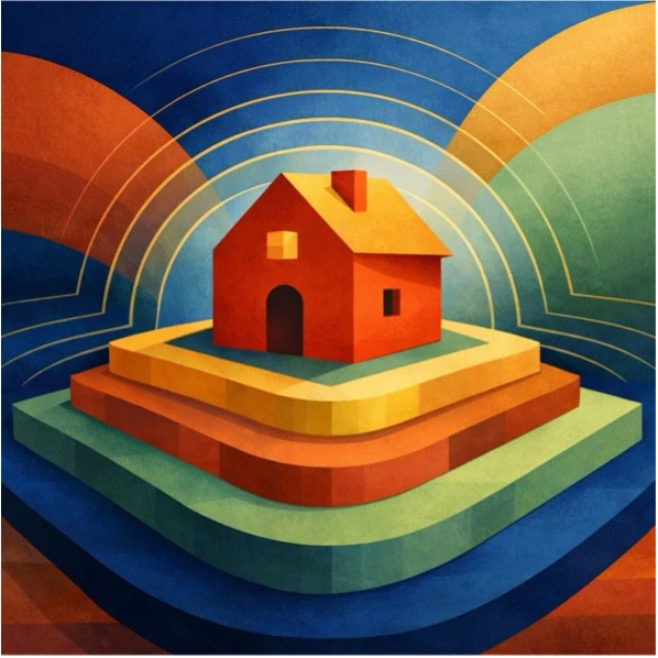 Stylised illustration of a residential house on layered land, representing property boundaries and how land is classified for SDLT purposes.