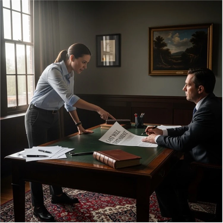 Two people in a formal office setting reviewing legal documents across a desk.
