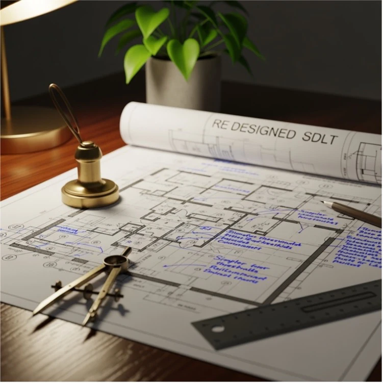 Architectural plans laid out on a desk with drafting tools and notes.