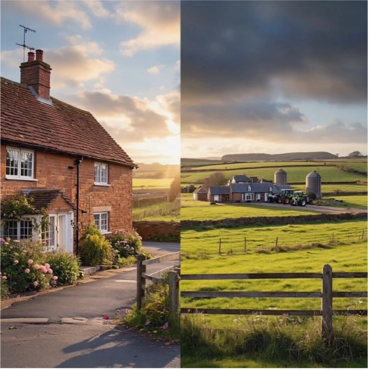 Split image showing a rural house on one side and farmland with agricultural buildings on the other.