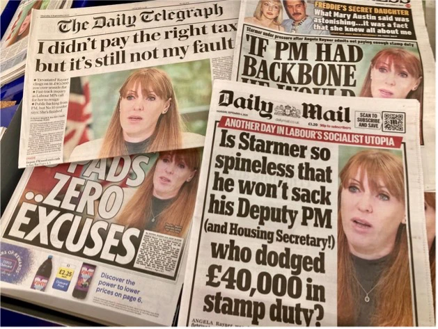 Collection of UK newspaper front pages reporting on a political tax controversy