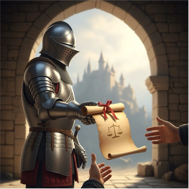 Illustration of an armoured figure handing a scroll with scales of justice to another person
