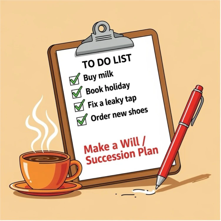 Illustration of a to-do list with everyday tasks and “Make a Will / Succession Plan” highlighted at the bottom.