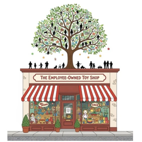 Illustration of a toy shop with a large tree growing above it, showing people standing along the branches and roof.