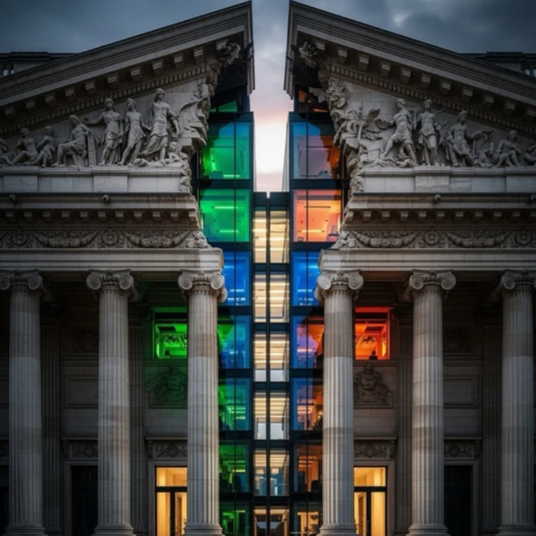 Modern glass extension between two classical stone buildings, symbolising the structural shift in inheritance tax and evolving estate planning law.
