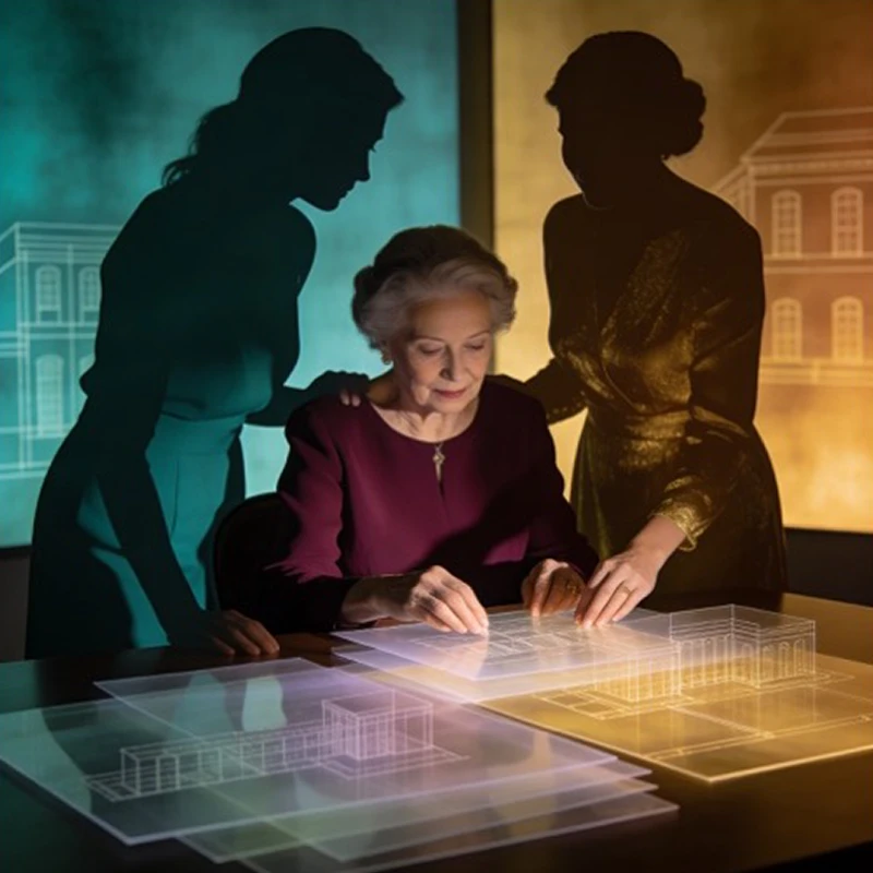 Older woman reviewing architectural plans with two younger women, representing intergenerational wealth planning and legal considerations for the next generation.