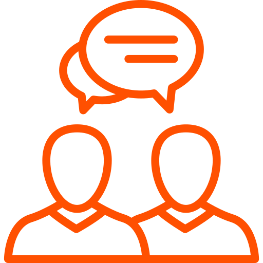 Two people with speech bubble icon representing SDLT advice and tax planning support