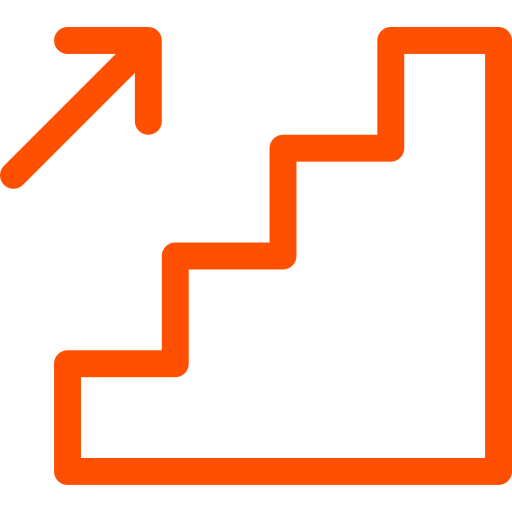 Staircase icon with an upward arrow, representing growth, progression, or step-by-step increase.