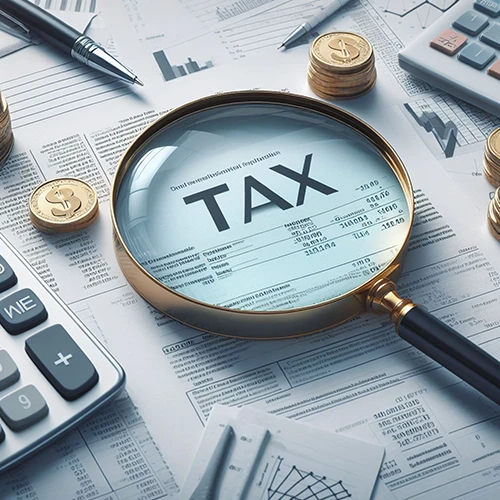 Magnifying glass over tax return form with financial charts and calculator illustrating tax analysis and compliance