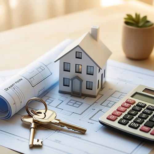 Model house on architectural plans with keys and calculator representing property purchase costs and mortgage planning