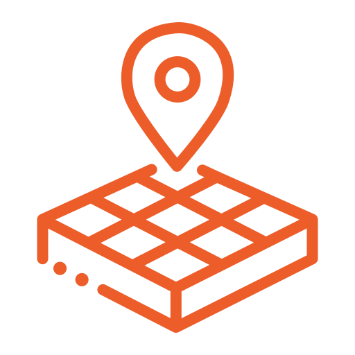 Location pin over land grid icon representing strategic land, development sites, and property planning.
