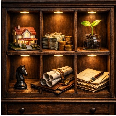 Wooden display shelf illustrating family wealth planning with house, cash, investments, legal documents, and growth symbol