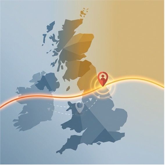 Map of the UK with location marker illustrating tax residency and international movement