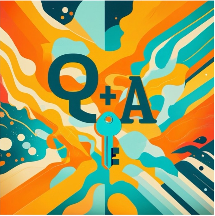 Colourful abstract Q&A graphic featuring a key symbol and bold “Q+A” lettering in teal, orange and cream tones.