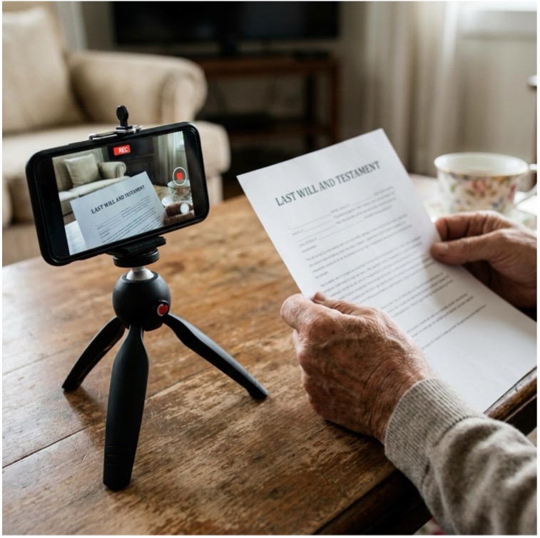 Person filming a video while reviewing a last will and testament document at home using a smartphone on a tripod.