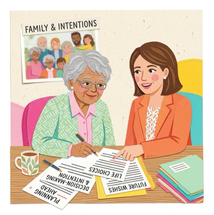 An elderly woman discussing future wishes and life choices with a professional adviser while signing planning documents at a table.