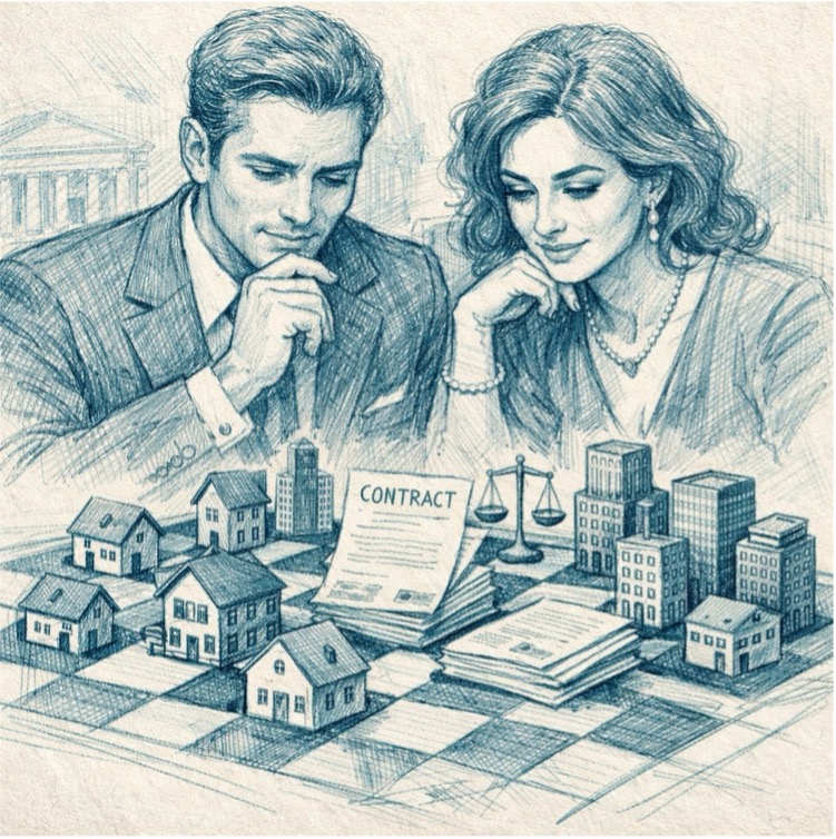 Couple reviewing a contract and financial planning documents surrounded by property illustrations and legal symbols representing nuptial agreements and asset protection.