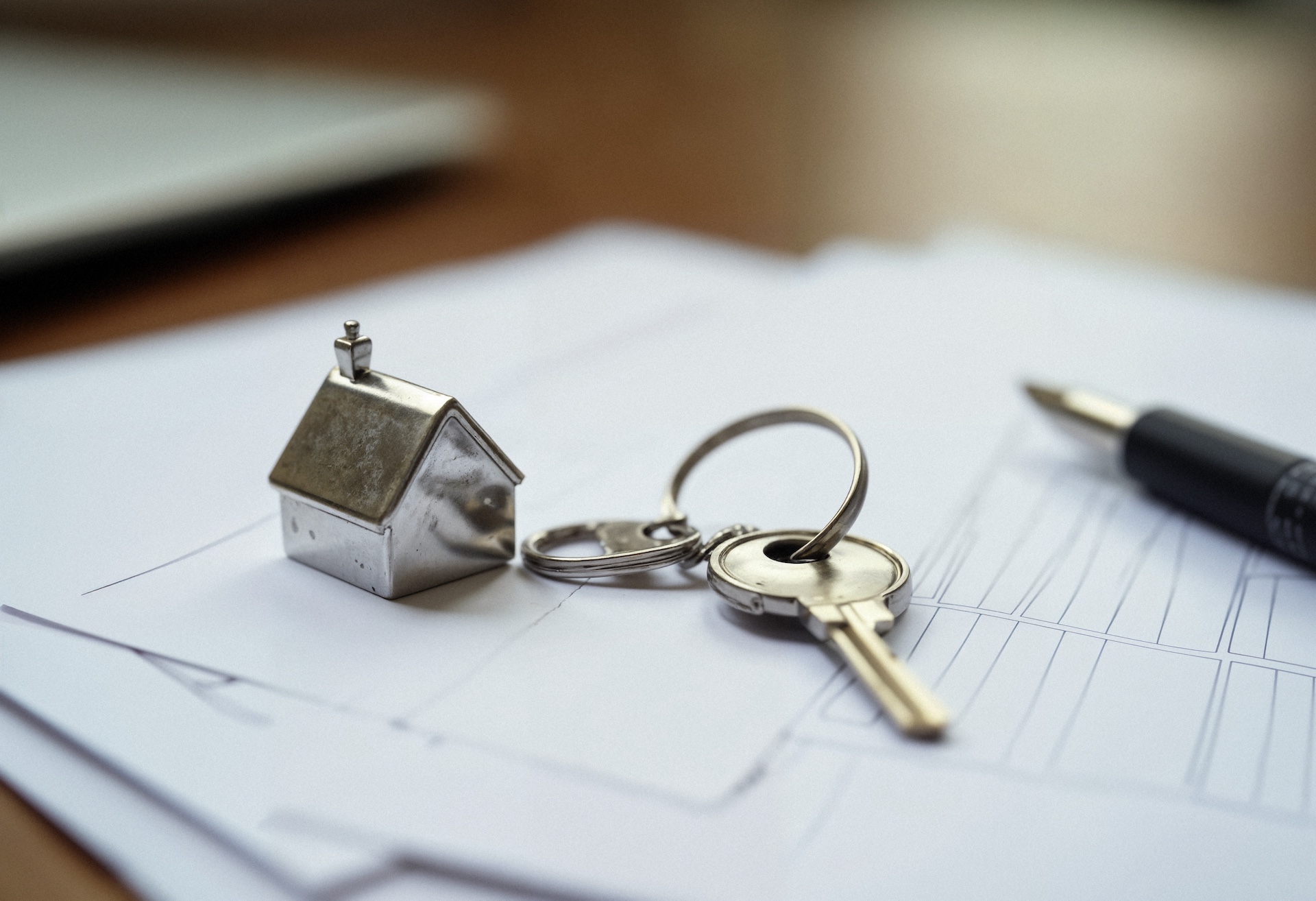Close-up of house keys and a miniature property model resting on conveyancing paperwork, symbolising residential property transactions, home purchases, SDLT filings, conveyancing services and property completion processes.