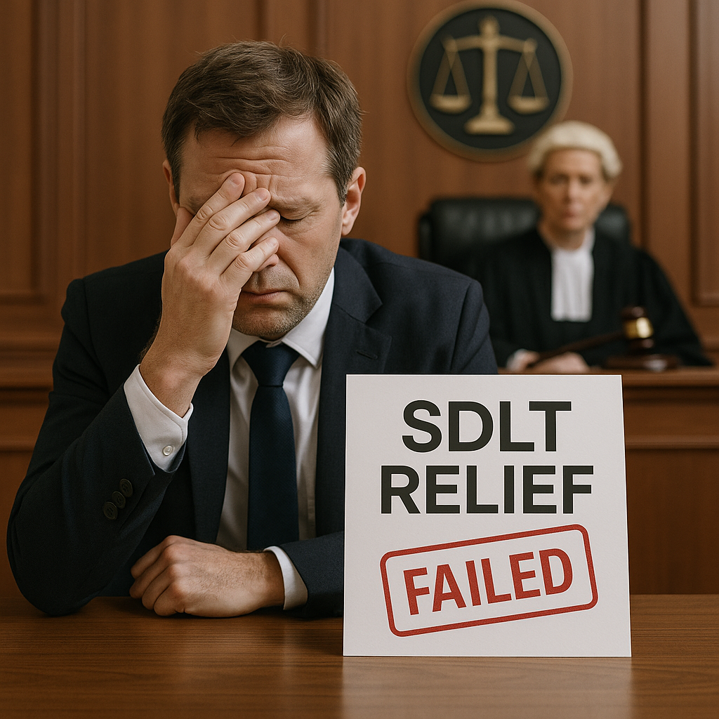 Stressed businessman sitting in a courtroom with a sign reading “SDLT Relief Failed,” symbolising failed stamp duty claims, SDLT disputes, tax errors, litigation risk, tribunal proceedings or the consequences of incorrect property tax advice.
