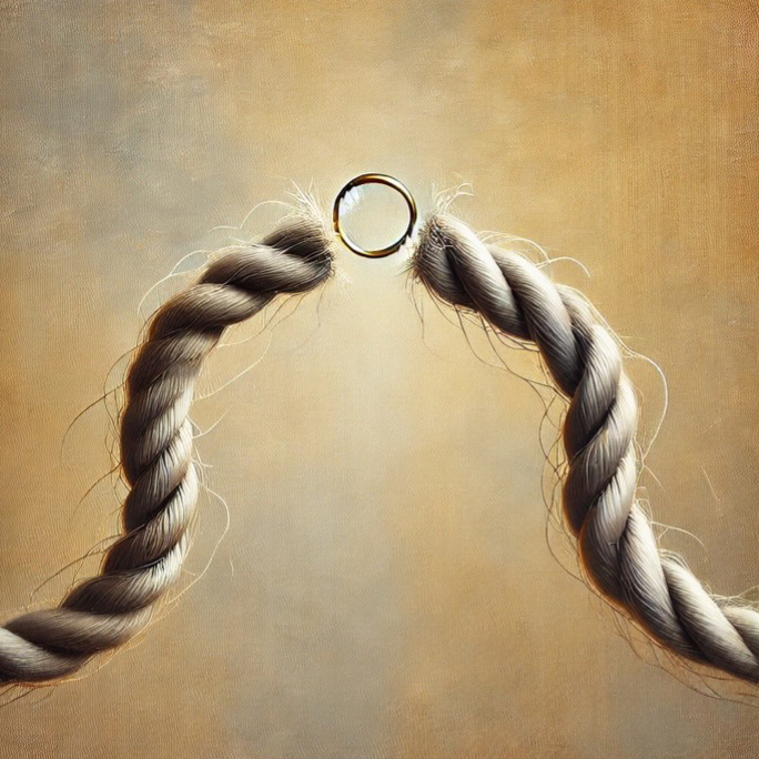 Abstract image of two frayed ropes connected only by a small ring, symbolising fragile relationships, separation, divorce, transfers of equity, emotional strain or legal and financial ties under pressure.