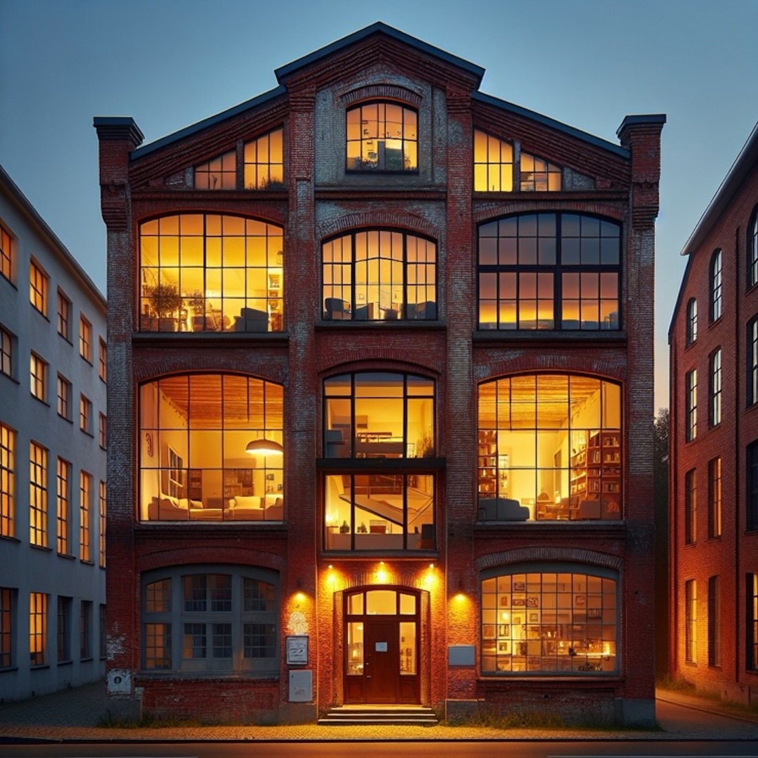 Modern mixed-use style brick property with large illuminated windows and converted warehouse architecture, commonly used to represent commercial property, mixed-use developments, property investment, SDLT planning or complex real estate transactions.