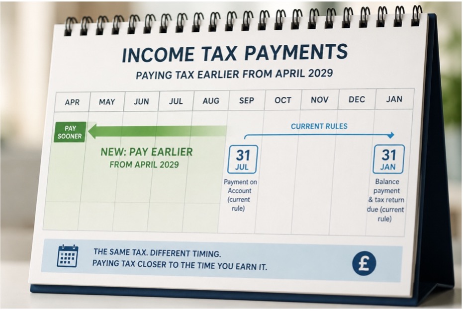 Calendar illustrating proposed Self Assessment income tax payment reforms, showing earlier payment dates from April 2029.